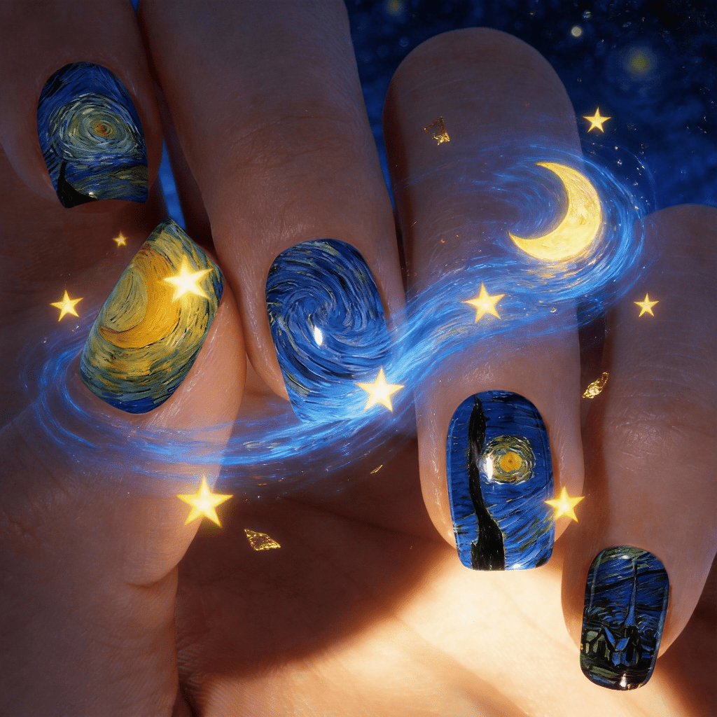Nail Art Van Gogh - 24枚入りミディアムスクエアヴィンテージ風ゴッホ「星月夜」抽象アートプレスオンフェイクネイル、UVプリントフルカバー再利用可能エレガントデザイン、ジェリージェルネイルファイル付き、アート愛好家への女性・女の子へのギフト。