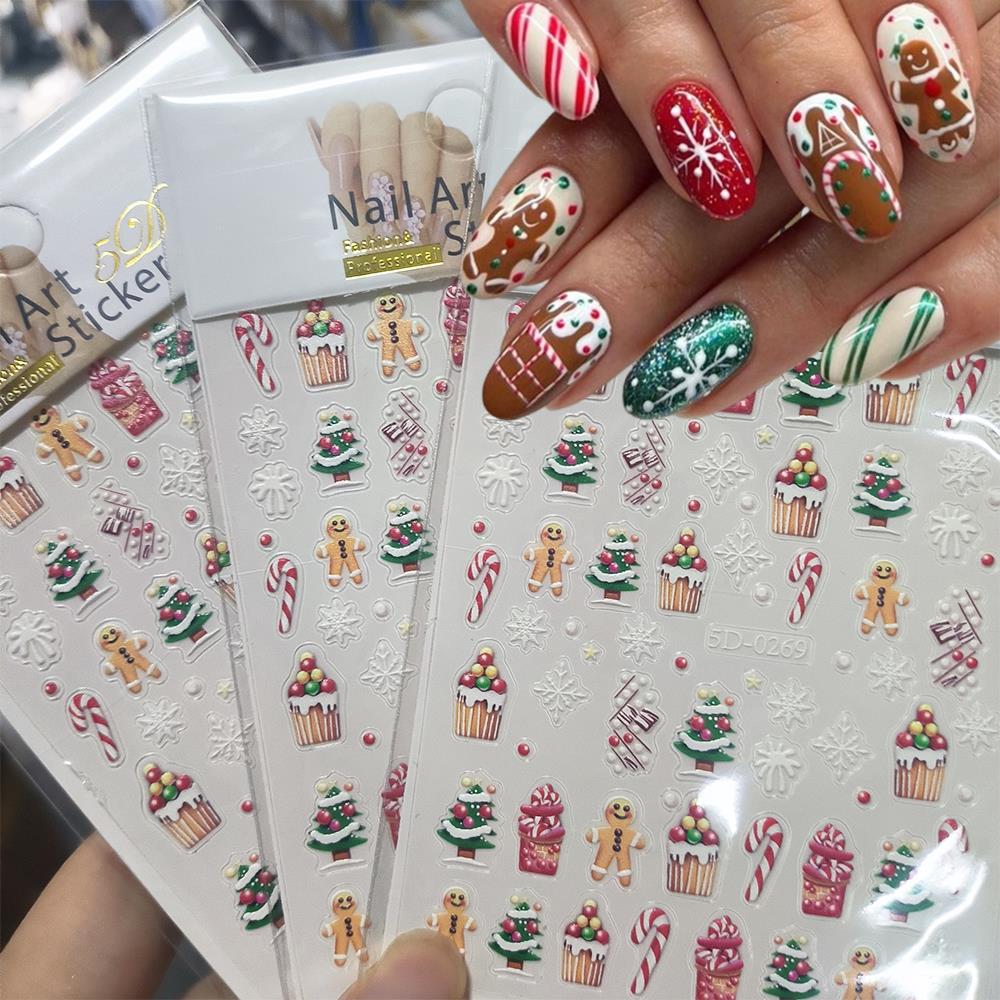Nail Art For Men - 1pc クリスマス 5D ジンジャーブレッドマンケーキ雪の結晶ネイルアートステッカーパインギフト自己粘着スライダー冬クリスマス DIY マニキュアデカール