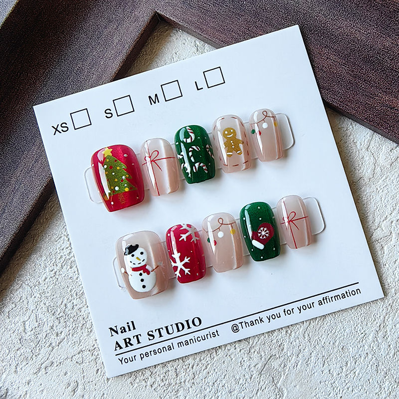 Nail Art Fake - 10枚入り クリスマス ハーフハンドメイド つけ爪 スウィートガール クリスマスツリーとクマ