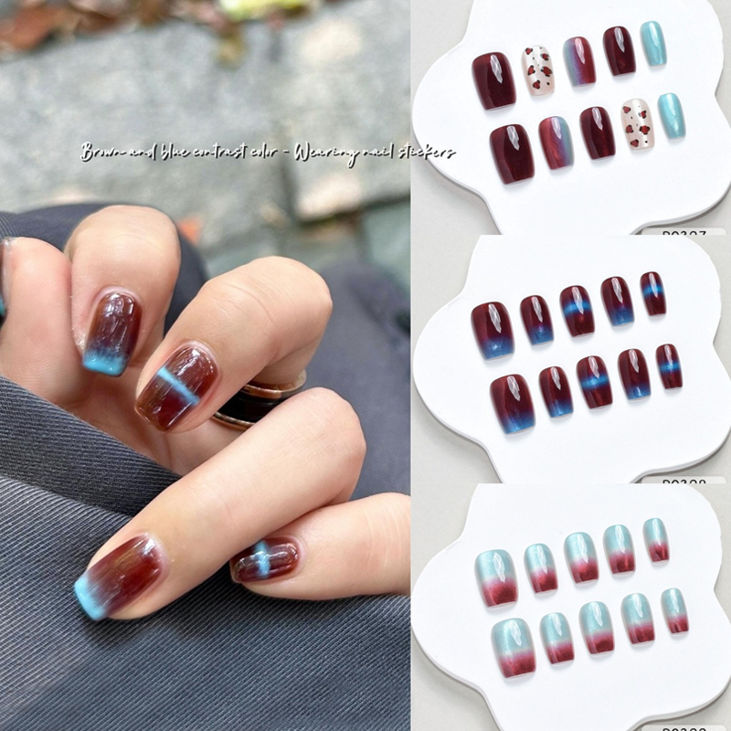 Nail Art Fake - 10 個秋冬新スタイルブルーブラウンコントラストカラーネイルアートネイルステッカープレスオンネイルネイルパッチ気質偽爪
