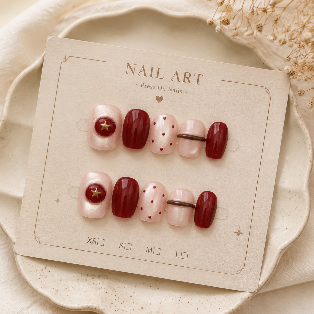 Nail Art Red Wine Cat Eye - 10個入り ヌードパールキャットアイワイン ハンドメイドネイル レッドゴールドスター ポルカドット ミニマルグロッシー