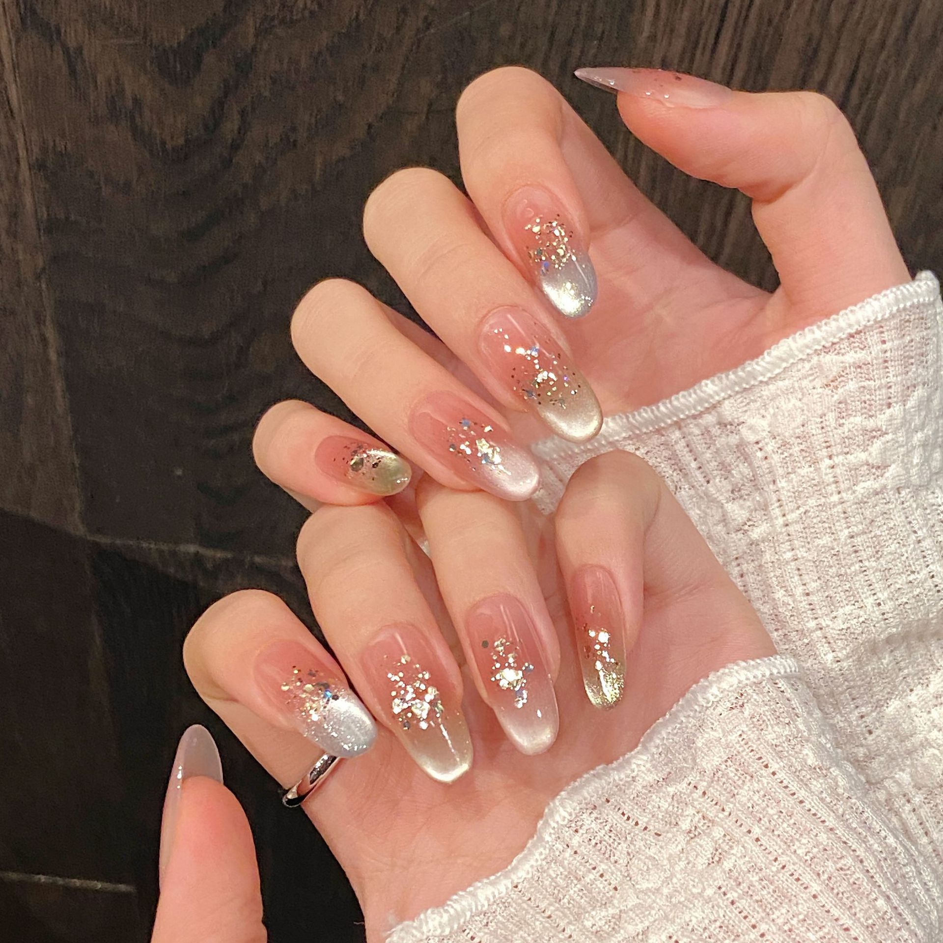 手作りプレスオンネイルレインボーキャットアイ妖精ギルターデザ - Nail Art Fake のレビューと価格
