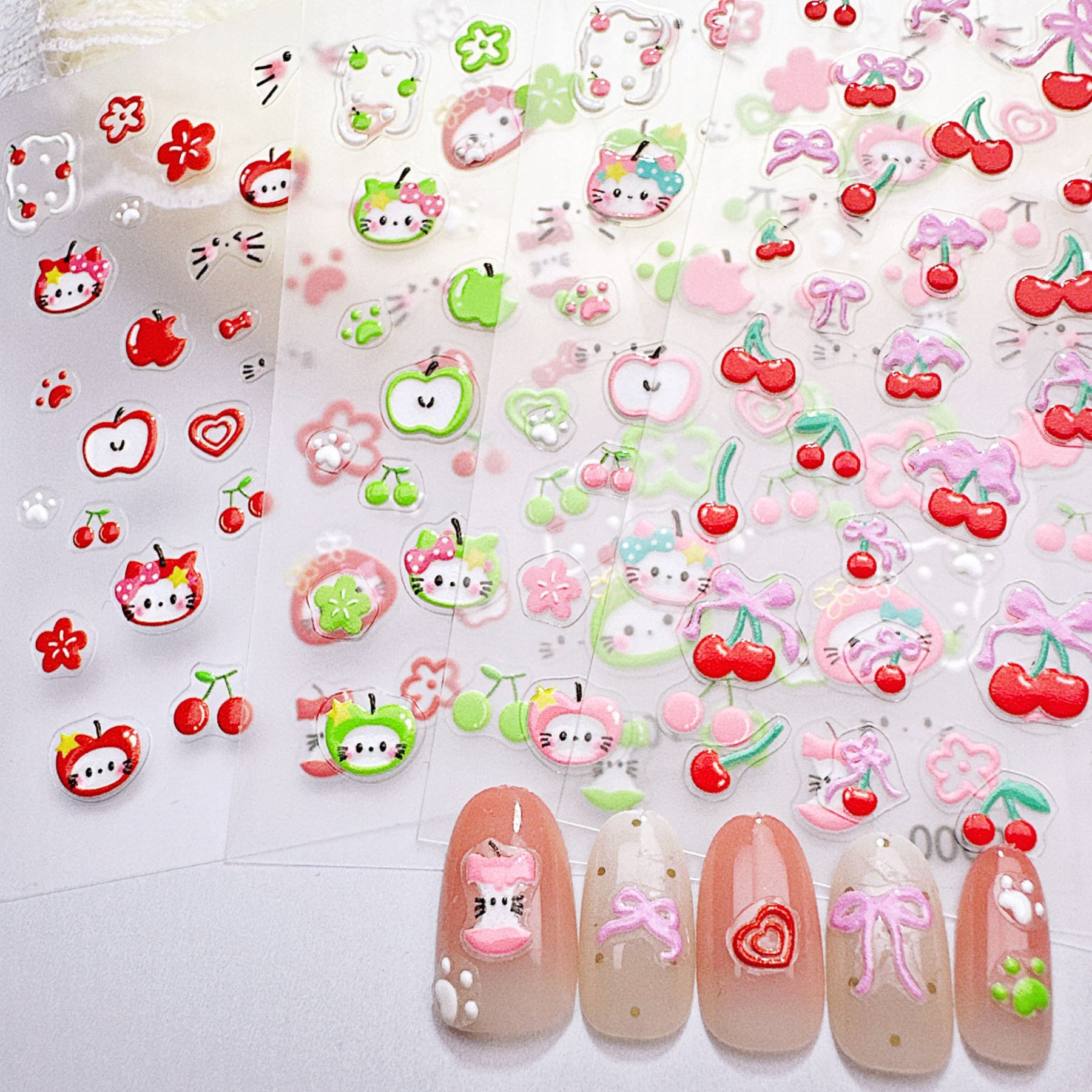 1 個グリーン & レッドアップルキティネイルステッカー - - Nail Art Red Cherry のレビューと価格